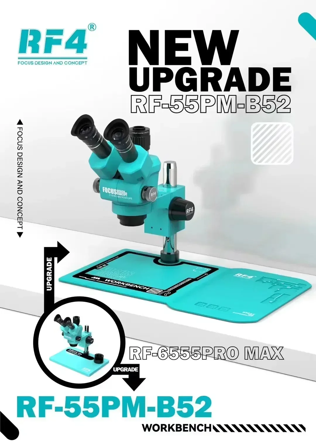 

Уникальный тринокулярный стереомикроскоп RF4 RF-55PM-B52 с фокусом и большим многофункциональным силиконовым накладкой, верстак для микросхемы, пайка R