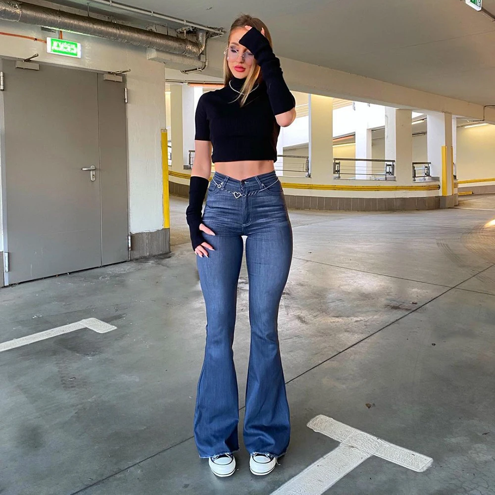 Frauen Blau Jeans Koreanische Y2k Mode Streetwear Hohe Taille Stretch Breites Bein der Weiblichen Denim Hosen Vintage Mom Denim Flare Hosen