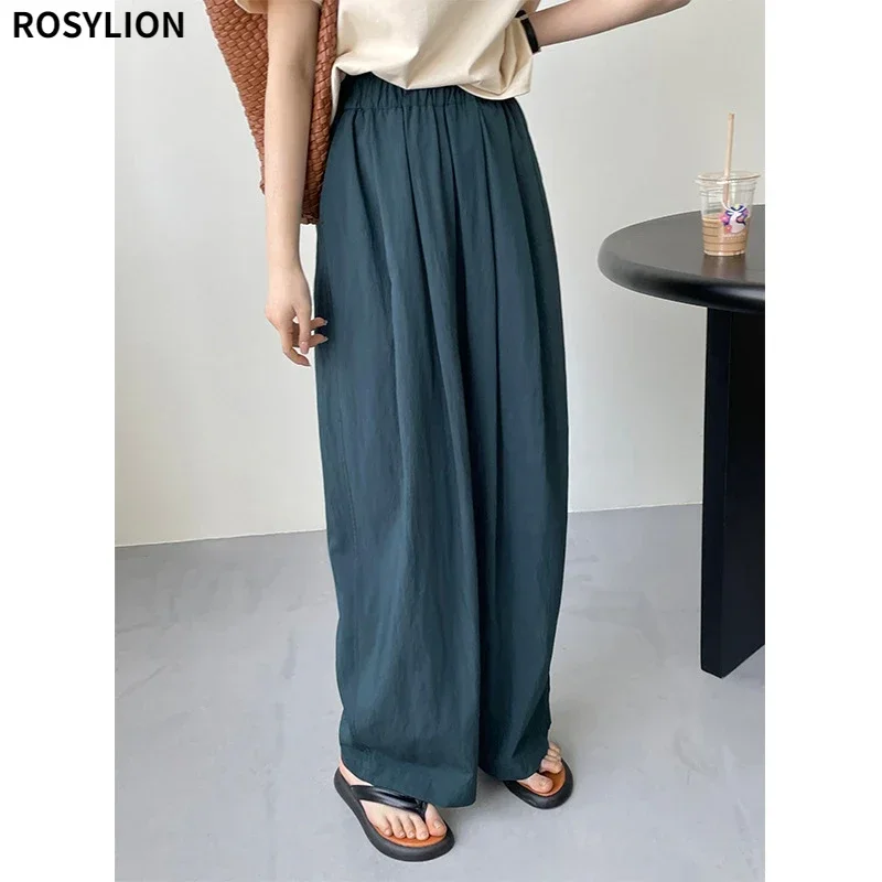 Ladies Retro Green Thin Light Summer Pants Women Long High Waist Straight Draping Trousers Loose Elastic Wide Leg Pants