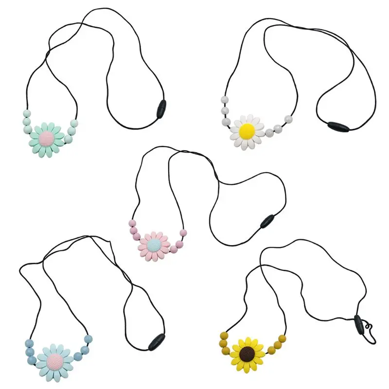 Sunflower Baby Teether Necklace Silicone Pendant Beads Bow Knot Teething Nursing Toys for Infants Little Boys Girls