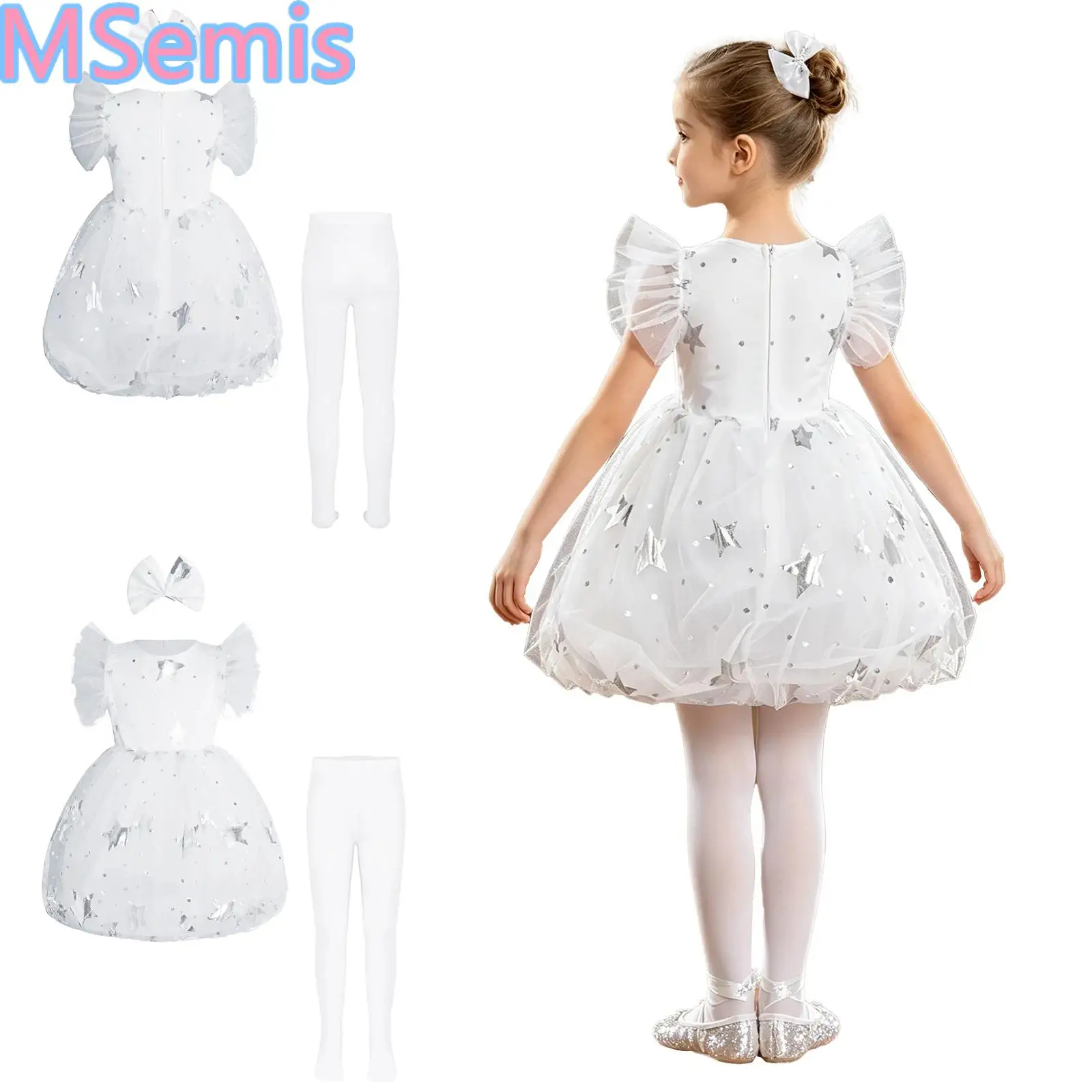 

Kids Girls Princess Tutu Dance Party Ballet Performance Outfit Ruffled Sleeves Metallic Star Tulle Dress with Pantyhose Headwear