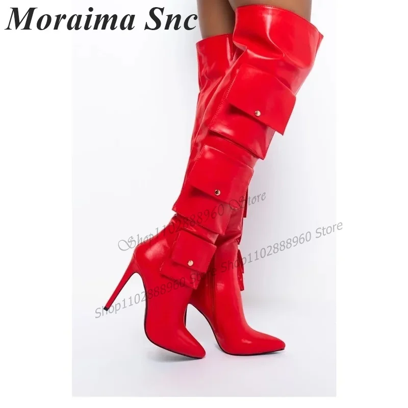 Pointed Toe Thin Heels Pocket Decoration Knee High Boots Sexy Height Increasing Zipper Patchwork Autumn Winter Women Shoes