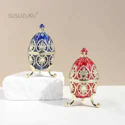 1Pc Hand Painted Enameled Red Faberge Egg Style Decorative Trinket Box Hinged Unique Gift for Family