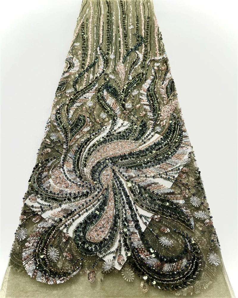 African Heavy Beaded Lace Fabric French Bridal Sequins 2025 Luxury Nigerian Tulle Couture Materie for Wedding Dresses