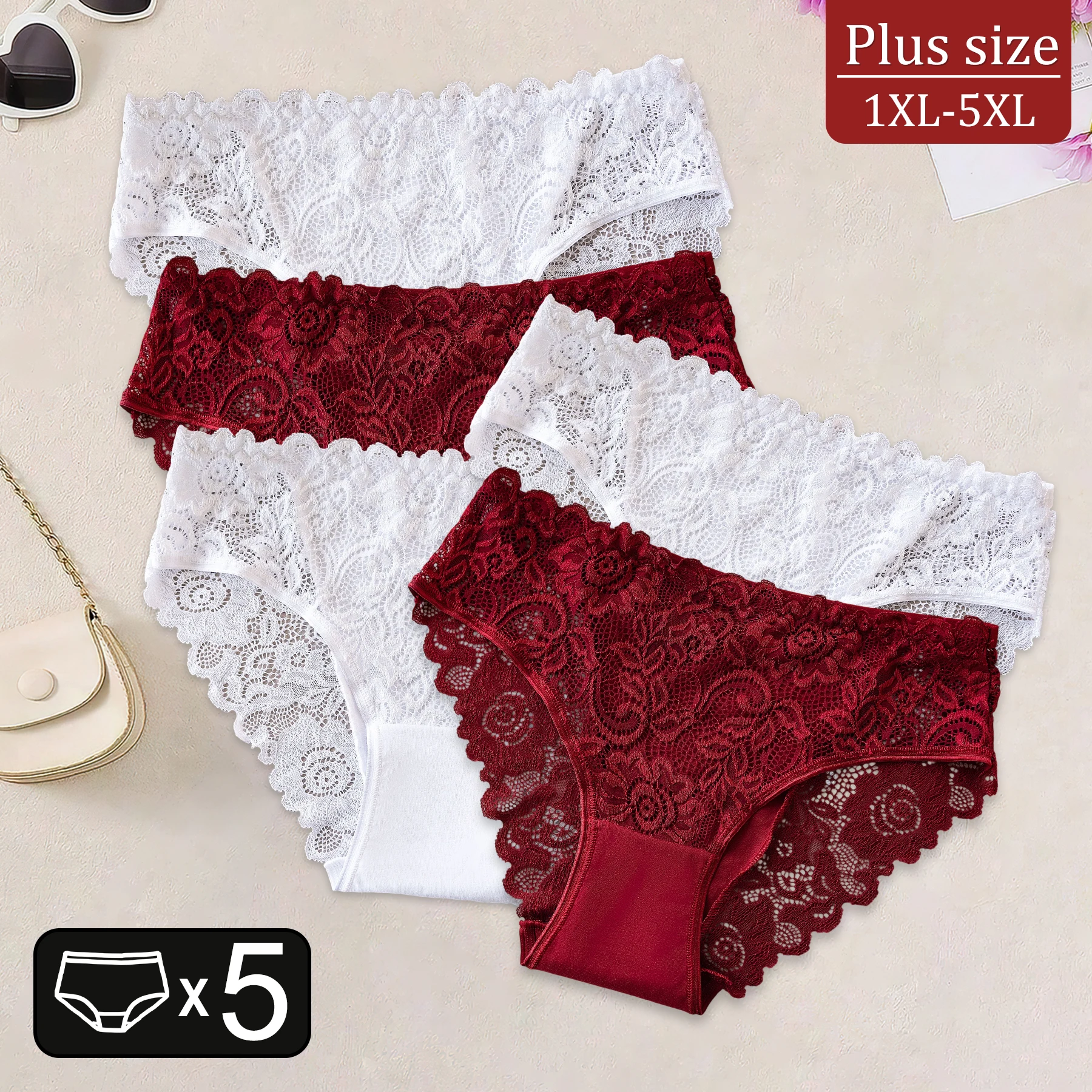 

5 шт., белое, красное кружевное нижнее белье больших размеров, женские сексуальные трусики с кружевной отделкой и цветочным принтом, однотонные дышащие трусы со средней талией
