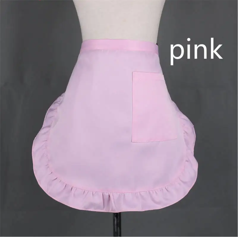 Solid Color Waterproof Half Short Waist Apron Women Cute Frilly Pockets Chef Cafe Server Waiter