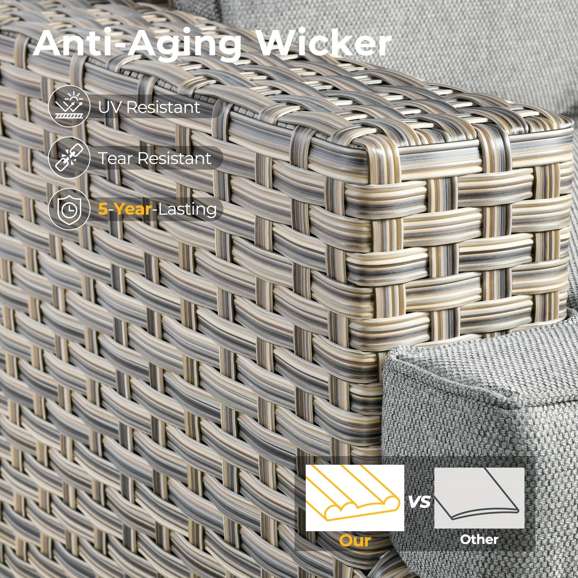 Set di mobili da giardino per esterni in vimini meteorologico, rattan intrecciato a mano dal design modulare, tavolino da caffè e pouf con illuminazione per divano componibile