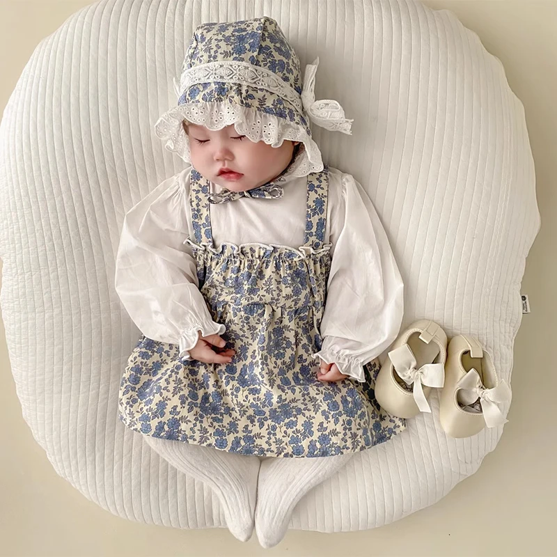 الخريف الطفل ارتداءها الأزهار الفتيات ملابس طويلة الأكمام الرضع قطعة واحدة مع قبعة طفلة رومبير فستان القطن ملابس الطفل