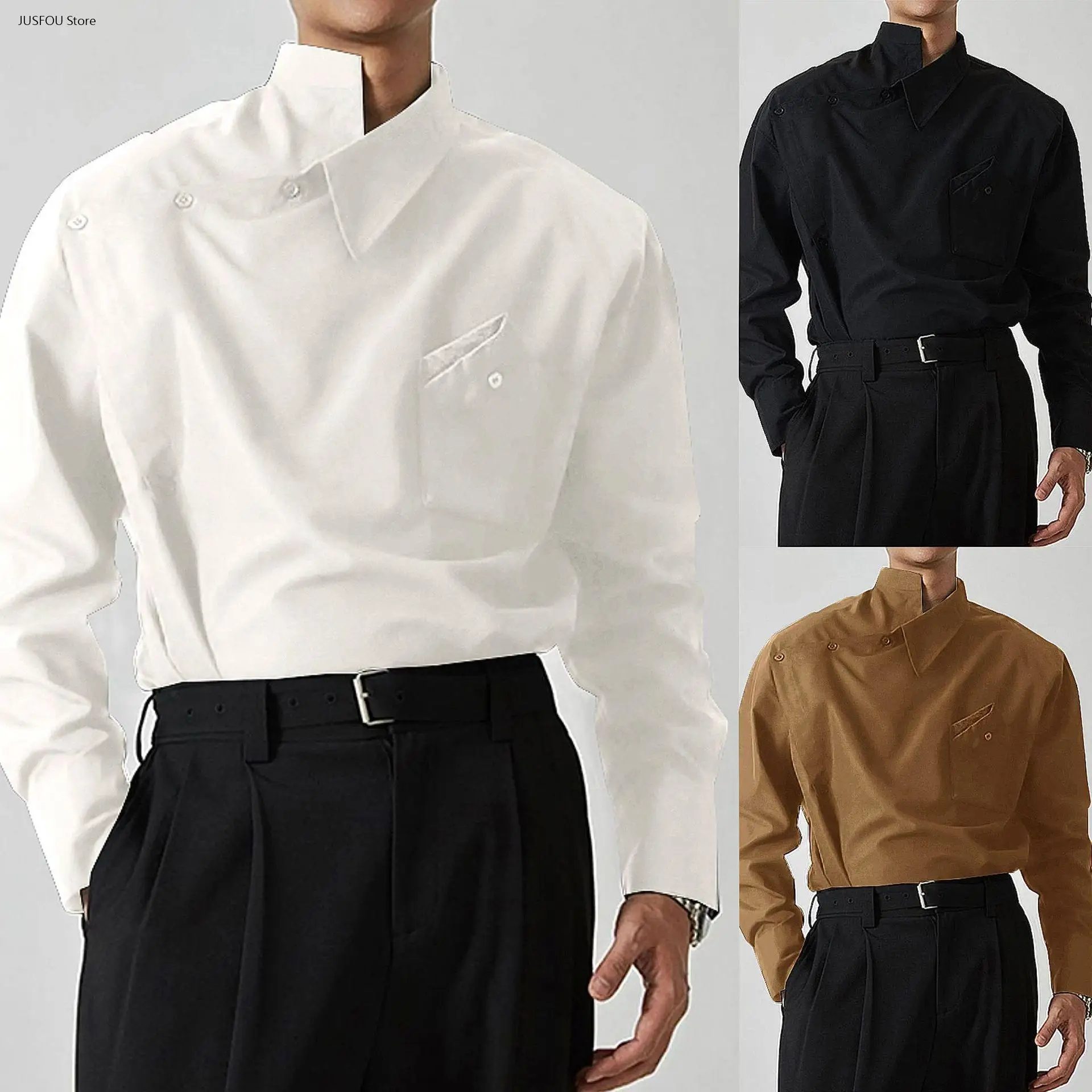 

2026 Spring Autumn Men Irregular Lapel Shirt French Designer Long Sleeve Button Down Blouse Fashion Show Unique Casual Shirts