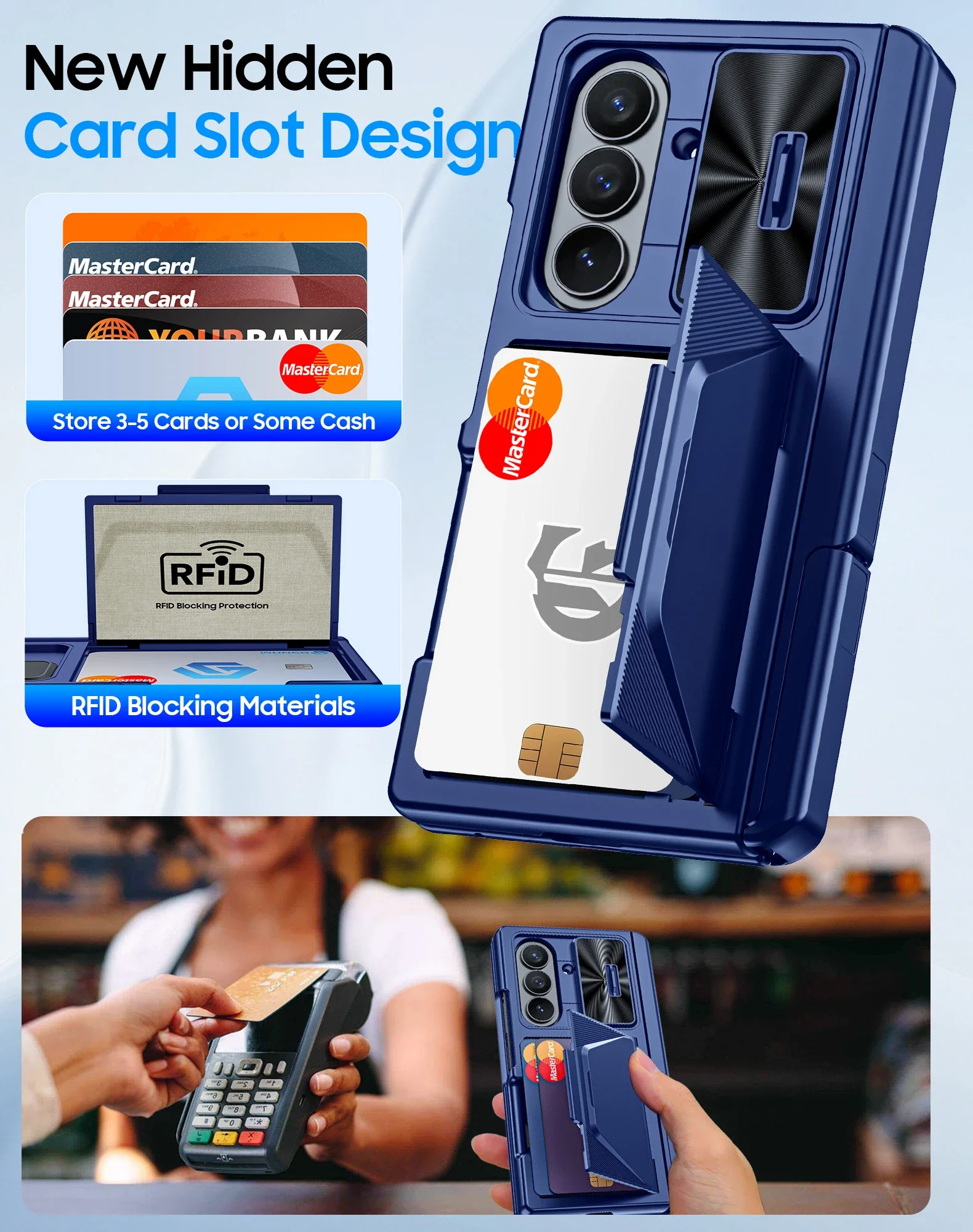 Regali di Halloween, porta carte RFID, staffa nascosta, cover per fotocamera, custodia antiurto per Samsung Galaxy Z Fold 7-Blue