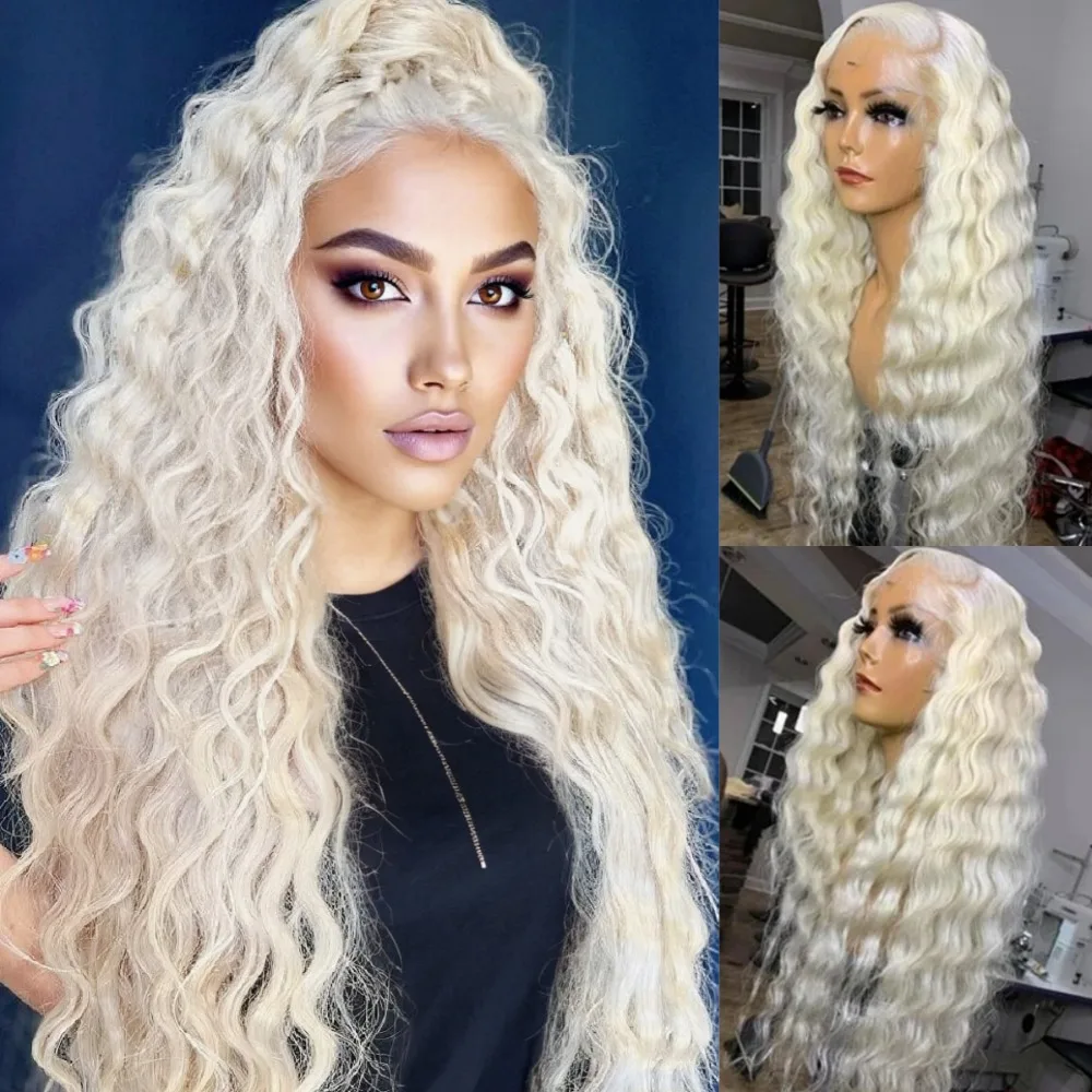 

Парик из натуральных волос платинового блонда с глубокими волнами, плотность 200%, пепельно-блонд, свободные кудри, парик с кружевной передней частью 13x4 HD, парик из натуральных волос