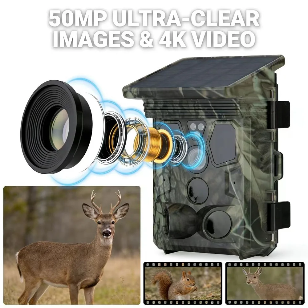 Suntekcam 50MP 4K Solar Powered Night Vision Waterproof Trail Camera Hunting 0.3s Trigger Time Wildlife Monitoring Hunting Cam