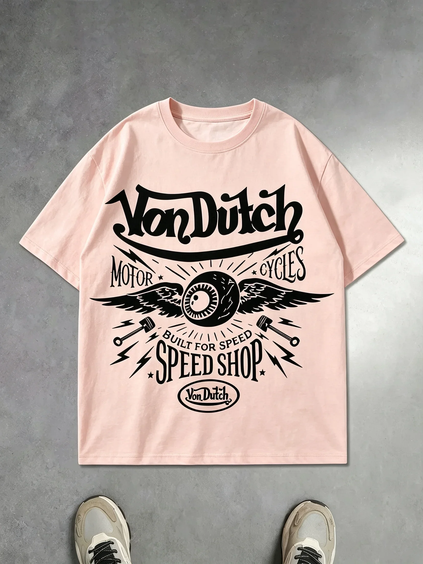2026 Family Matching T‑Shirt Vintage Motor Brand Flying Eyeball Wing Piston Motor Speed Shop Front Print Cotton Sleeve Tee