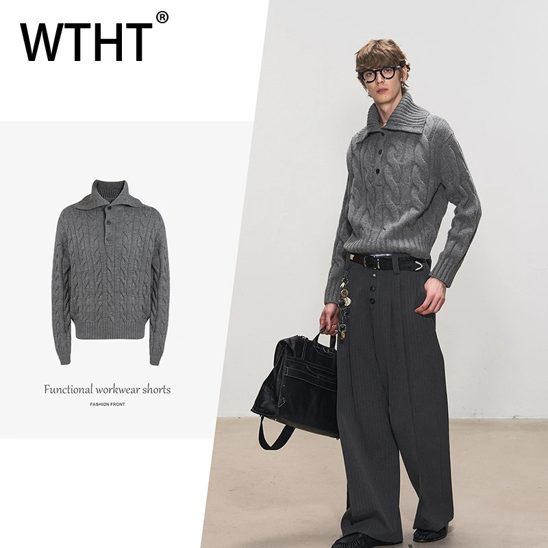 WTHT Fashion Trendy Men's Thicken Button Texture Solid Color Sweater Vintage Lapel Knit Casual Pullover Male 2025 Autumn 2A2388
