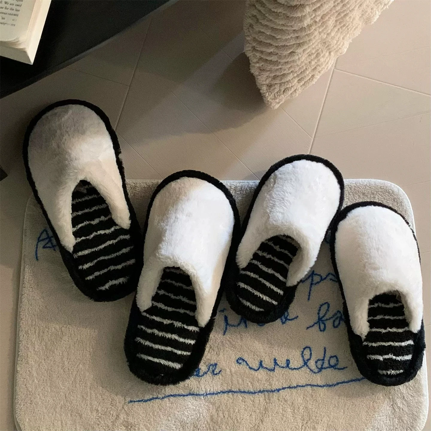 Striped Color Block Plush Winter Couple Slippers Ins Japanese Non Slip Warm Cotton Slippers Home Bedroom Casual Floor Shoes