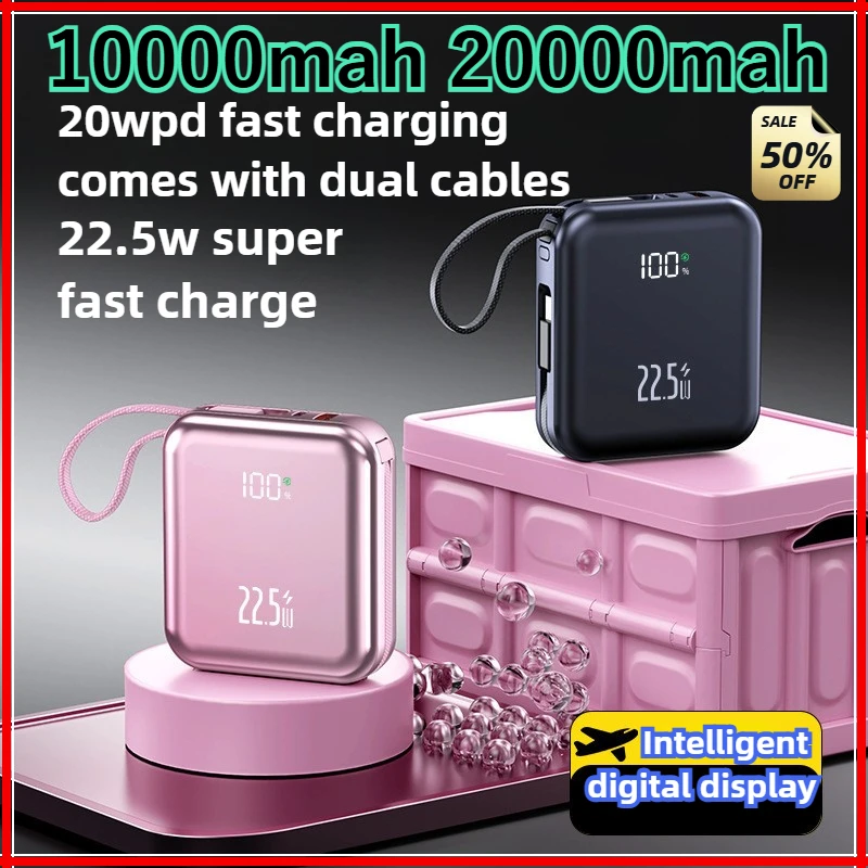 

3C Certification 10000mAh 20000mAh Mini Power Bank with Built-in Cable and 22.5W Fast Charging Battery Pack For IPhone/Samsung
