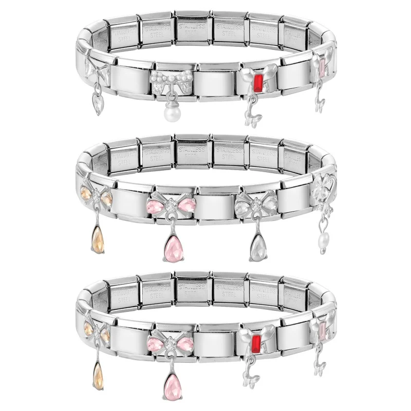 Y2K Italian Charm DIY Basic Zircon Bow Flower Butterfly Heart Pendant Beads Stainless Steel Bangle Versatile Gift 9MM Universal