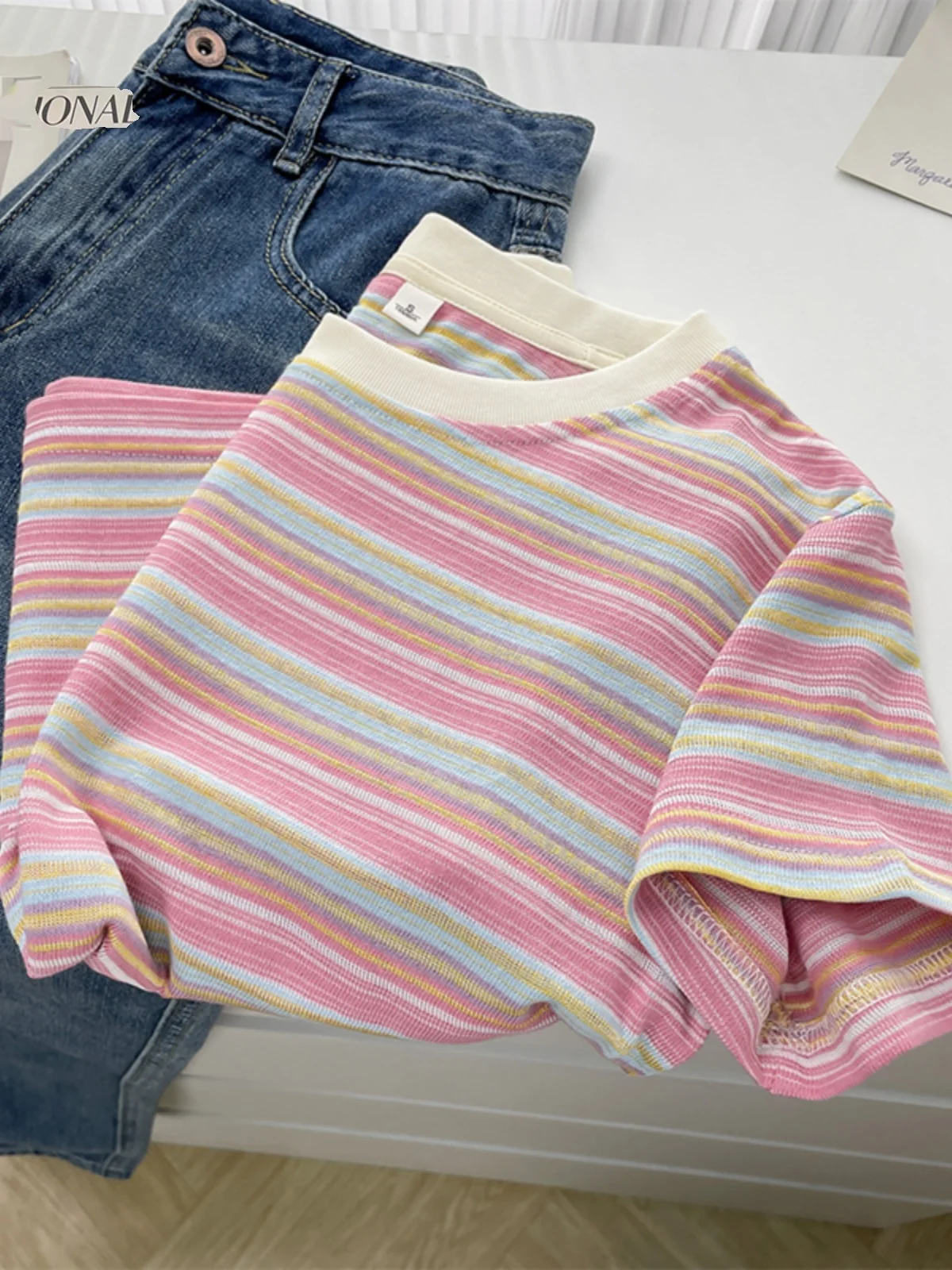 Summer  College Style Striped Short Sleeve T-Shirt Women's Retro Small Size Korean System Shoulder Short Sleeve Top