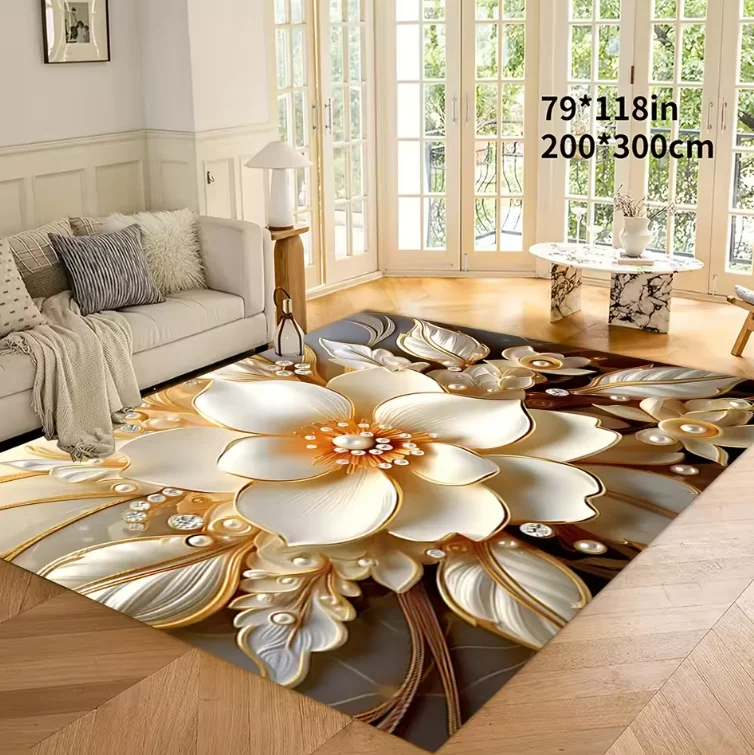 Living Room Rug Gilded Pearl Luxury Elegant Theme Carpet Non-Slip Soft Easy Clean Durable Palace Luxury Elegant Home Decor Mat