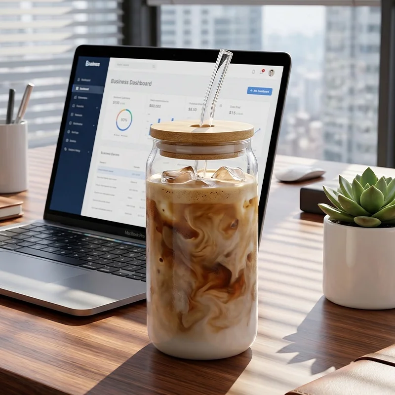 550ml Can Shape High Borosilicate Glass Cup with Bamboo Lid & Straw Coffee Milk Juice Bubble Tea Mug Drinkware