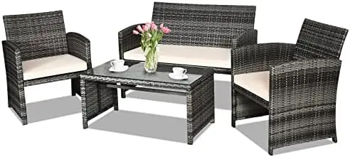 4-delige rotan terrasset, rieten buitenbank met kussens en glazen tafel (beige)