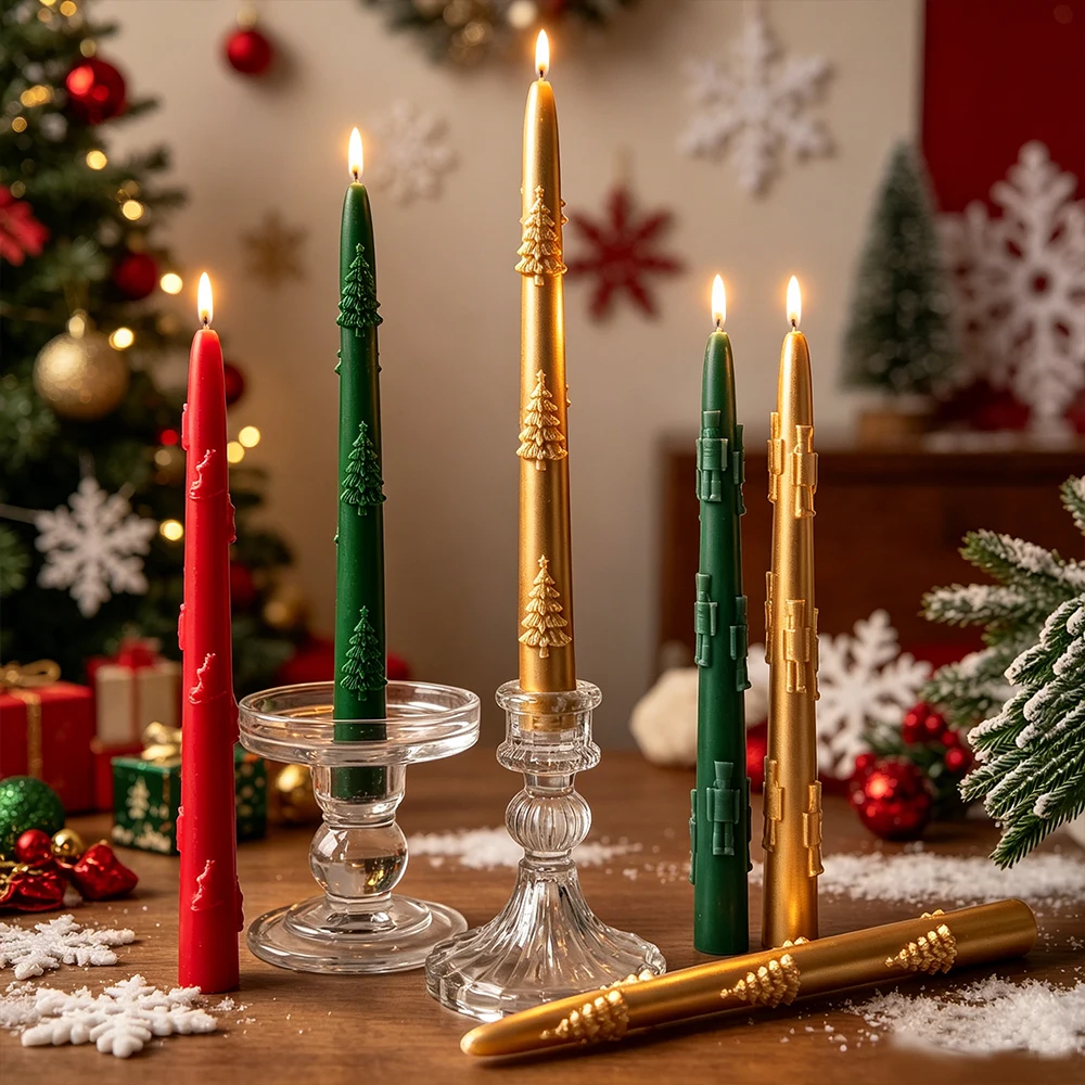 Weihnachtsbaum-Relief Lange Zylinder-Kerzenform aus Silikon, Handgemachte Langstiel-Duftkerze, Weihnachtsdekoration, Geschenk