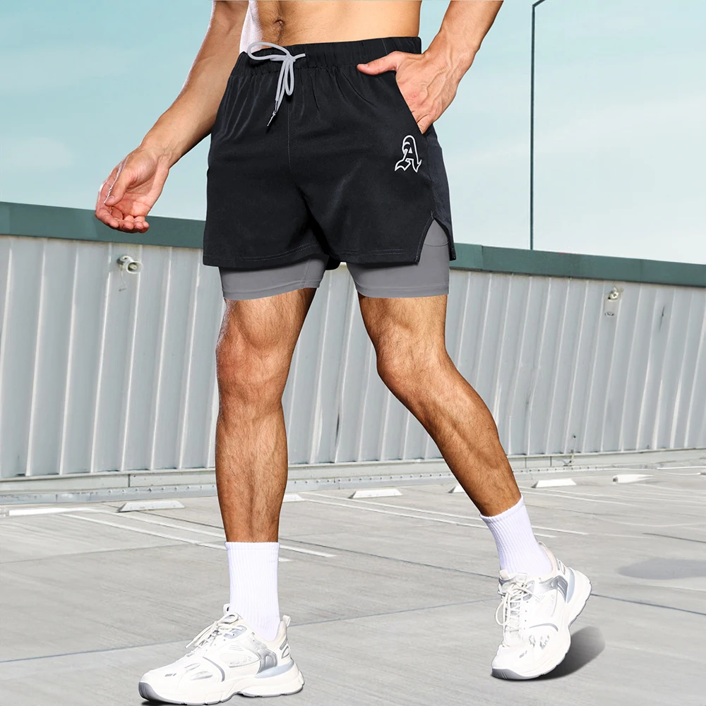 Pantalones cortos deportivos de doble capa para hombre, ropa deportiva de moda, 2 en 1, informales, para entrenamiento físico y trotar