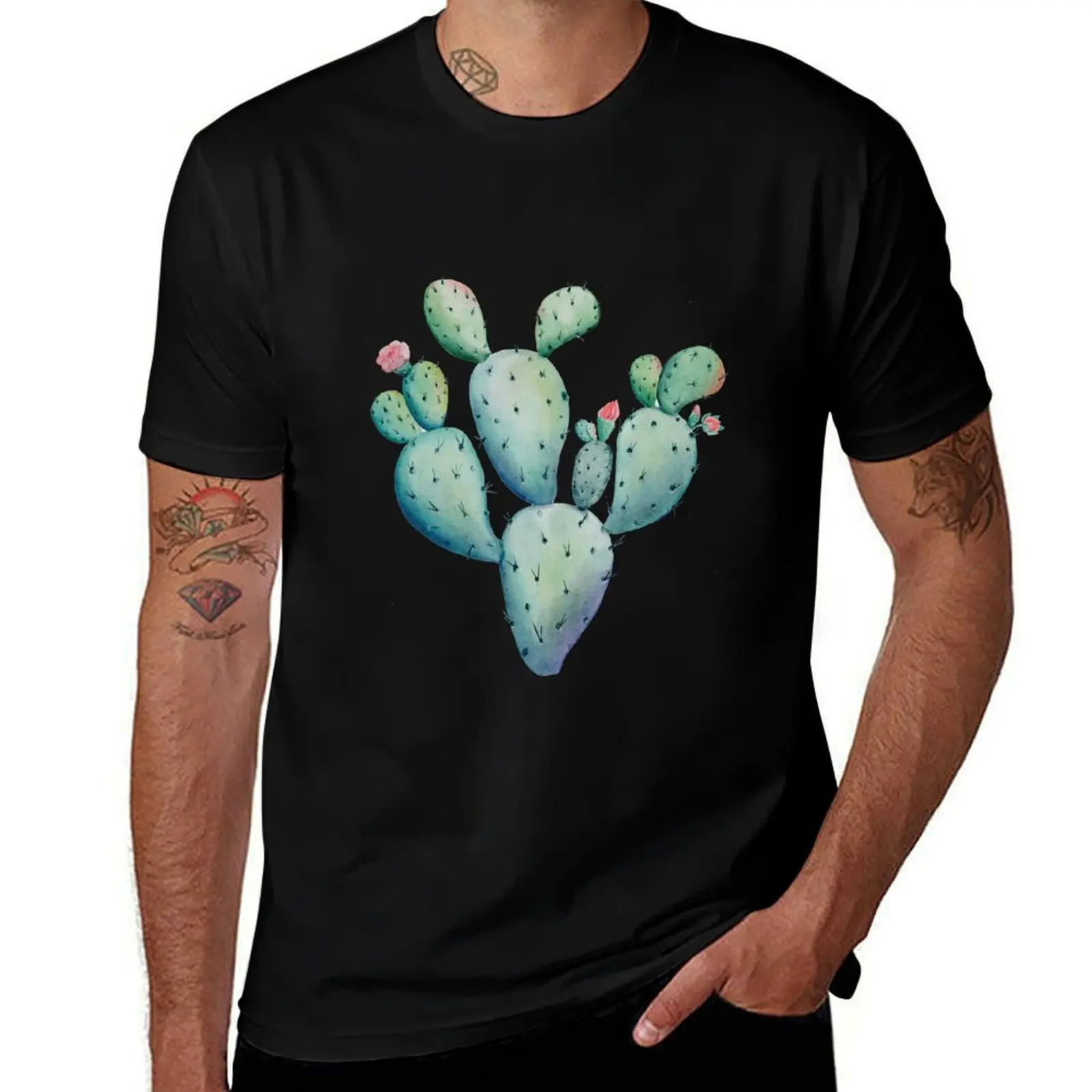 Prickly Pear Watercolor Desert Cactus T-Shirt Simple Solid Color Crew Neck Tee T-Shirt
