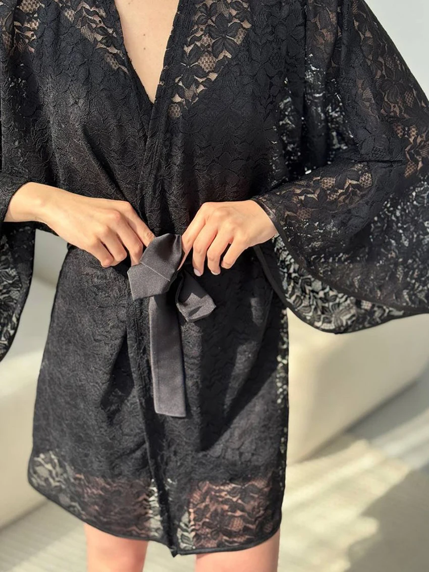 Marthaqiqi Loose Summer Female Sleepwear Long Sleeve Robe Sexy V-Neck Pajama Lace Up Nightgown Mini Dress Casual Women Nightwear