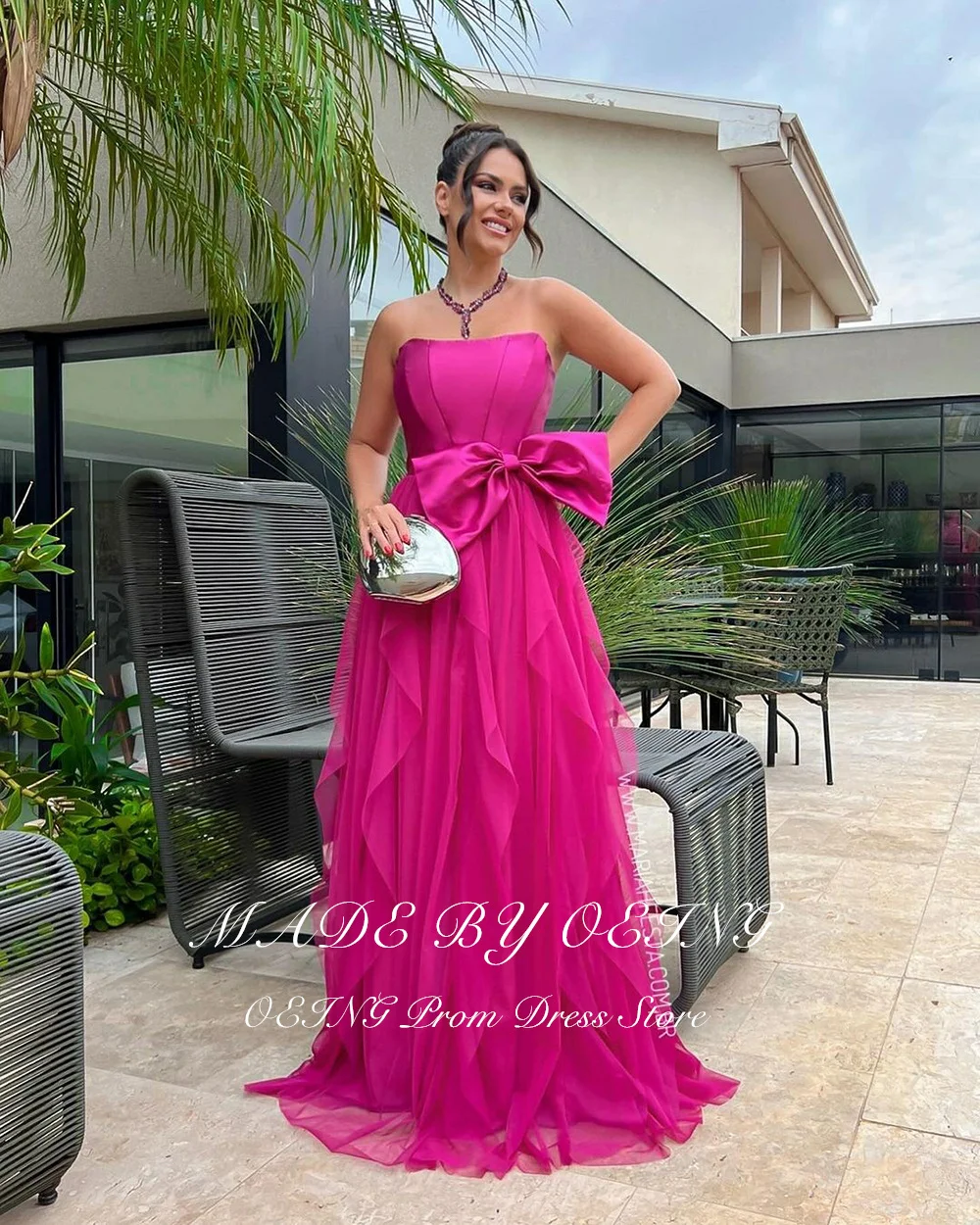 OEING Fucsia A-line Party Gown Fairy Strapless Tulle Ruffle Tiered Women Floor Length Prom Dresses With A Bow Vestidos De Fiesta