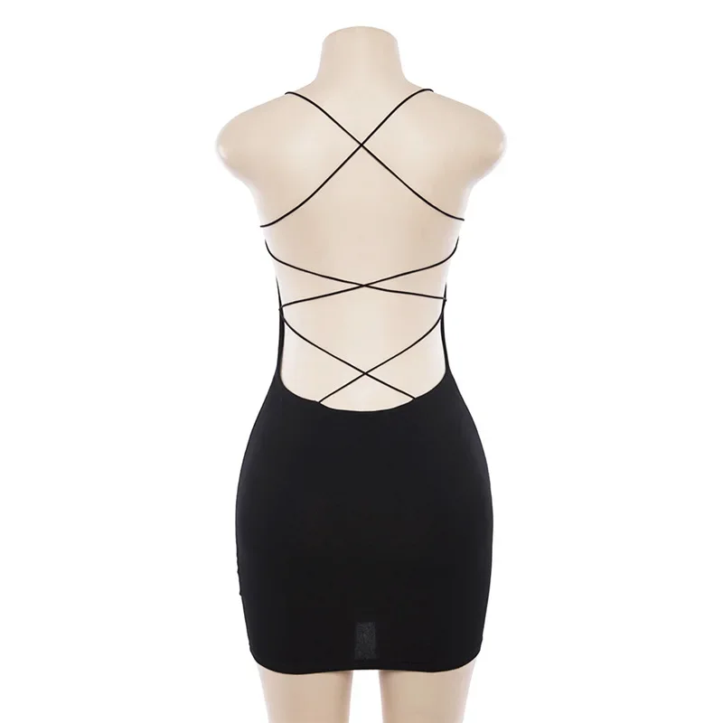 2024 Summer Sexy Bodycon Halter Dress Bandage One-line Neck Low Collar Slim Spaghetti Belt Backless Mini Dress Nightclub Party