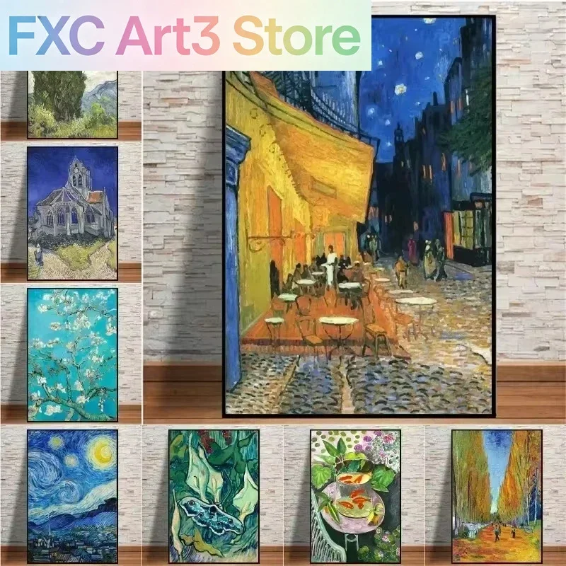 Frameless 1PCS  Canvas paintingVincent Van Gogh Classic Collection Art Poster Canvas Painting Terrace At Night Irises Wall Pictu