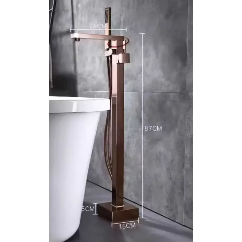 Square Bathroom Shower Set Hot Cold Mixed Brushed Gold Stand-Floor Mounted Brass Bathtub Faucet Single Handle Rain Jet Spray