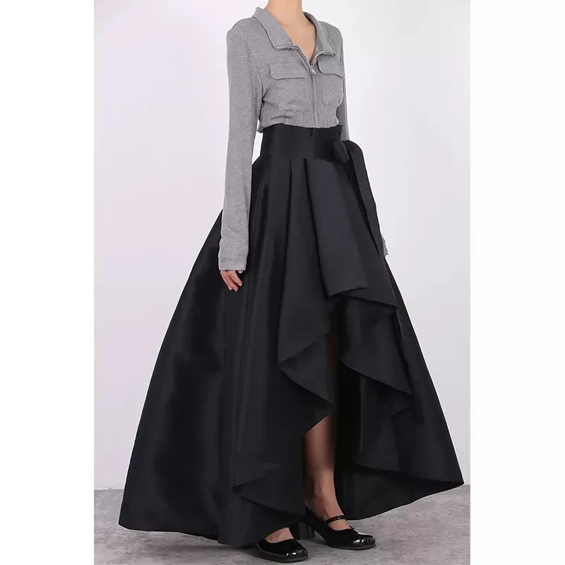 Vrouwen Runway Fashion Lente Herfst Designer Onregelmatige Zwarte Rok Vrouwelijke Winter Elastische Hoge Taille A-lijn Rok TB2965