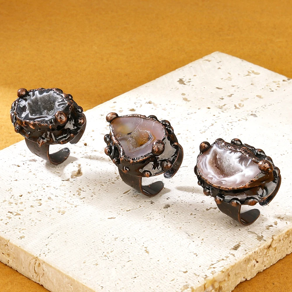 Vintage-Ring aus natürlichem Achat-Stein, antikes Kupfer, galvanisiert, eingelegter Kristall, verstellbare Öffnung, handgefertigter Schmuck, Geschenk für Frauen