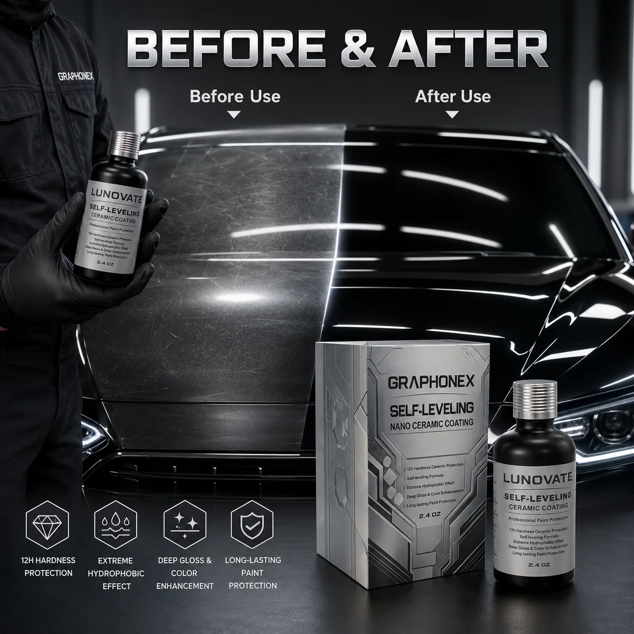 Advanced Self‑Leveling Ceramic Coating – Nano Protection with Extreme Hydrophobic Effect, Deep Gloss