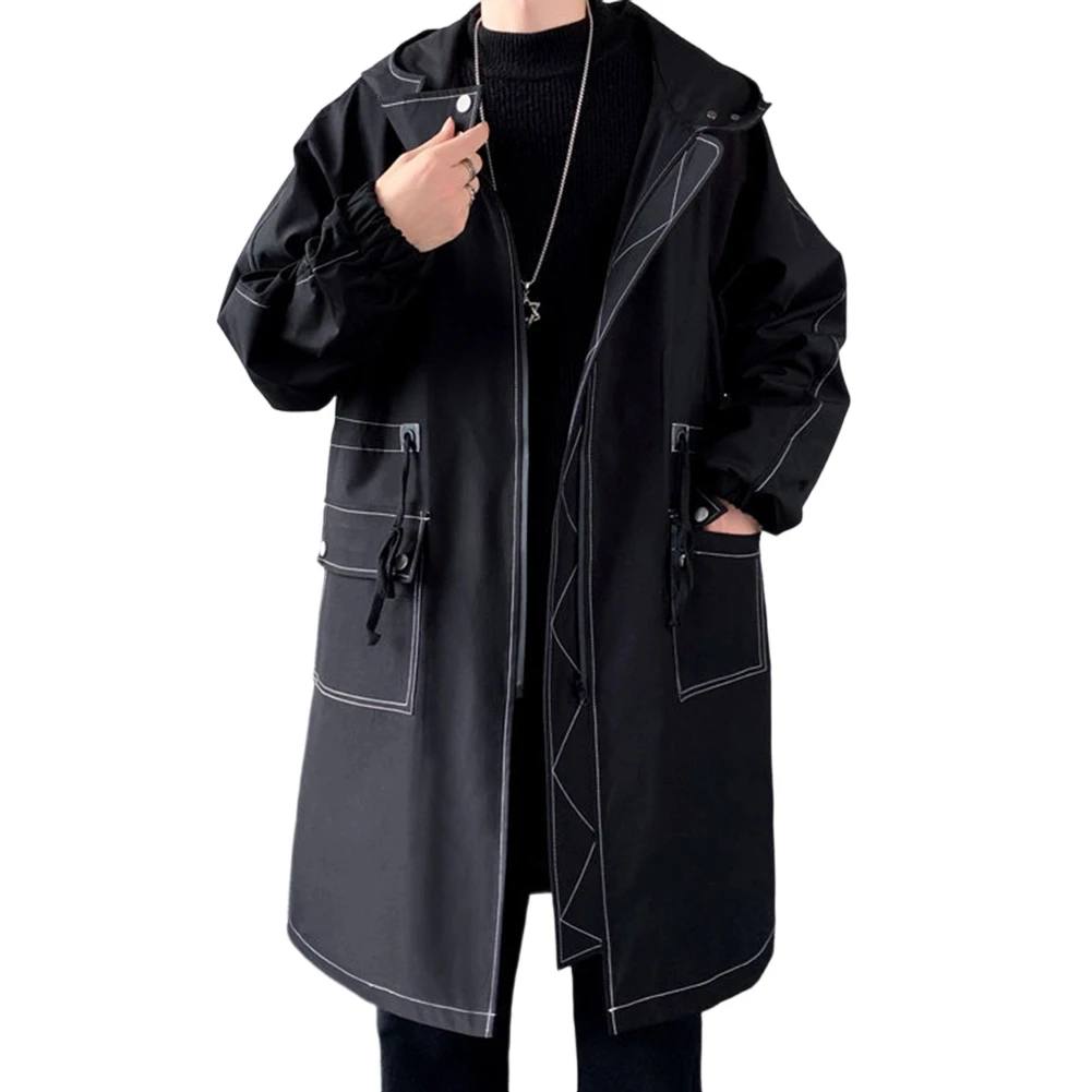 Fleece-Lined Men's Hooded Coat Thick Trench Jacket with Waist Shaping Parka Cardigan Design for Daily Casual Wear