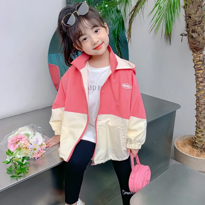 1-12 Year Old Girls Colorblocking Trench Coats Spring Fashion Hooded Jackets Autumn Children Clothes New Casual Zipper Outerwear