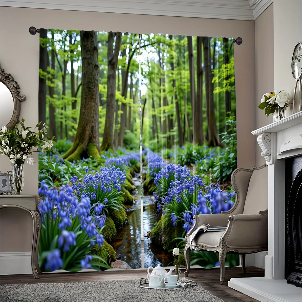 2D Flat - 2pcs Bluebell Forest Curtains Green Trees Stream Window Drapes Nature Scenery Living Room Decor Digital Print Panel