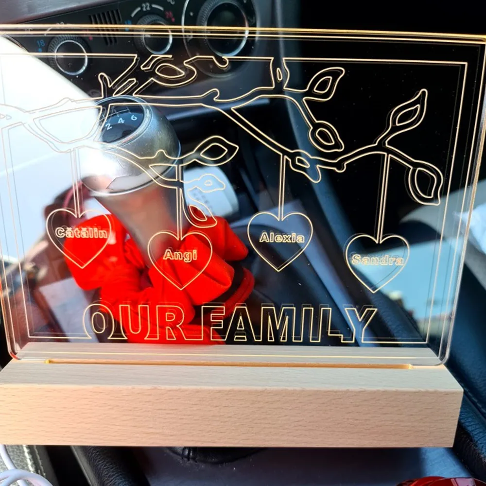 Personalized Family Tree Sign LED USB Acrylic Night Light Custom Laser Engraved Names & Text 3D Lamp Wood Base For Room Decorate