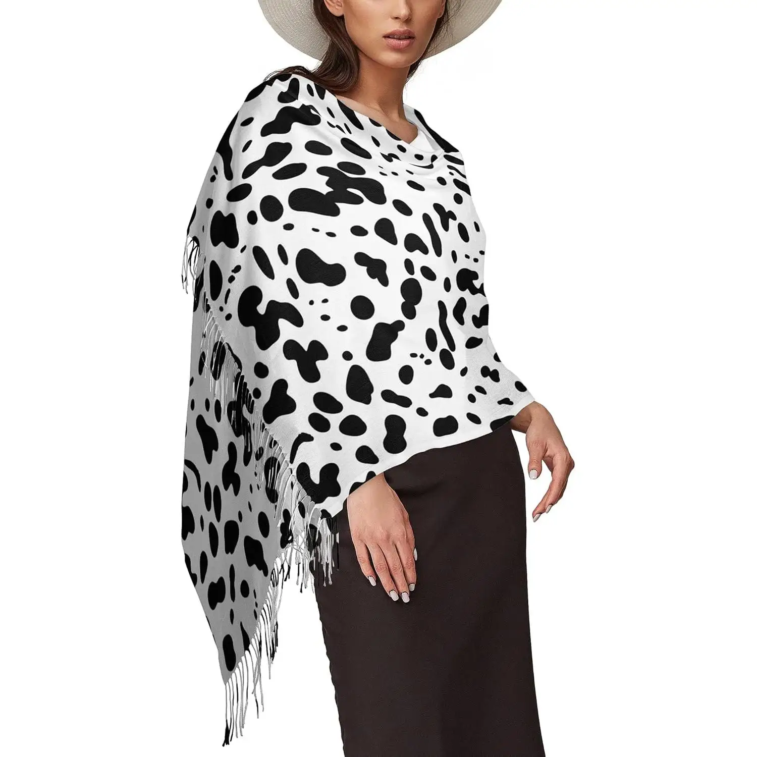 

Women's Warm Scarf Dalmatian Print Tassel Scarf Black And White Dot Cows Skin Print Shawl Warm Ladies Gift