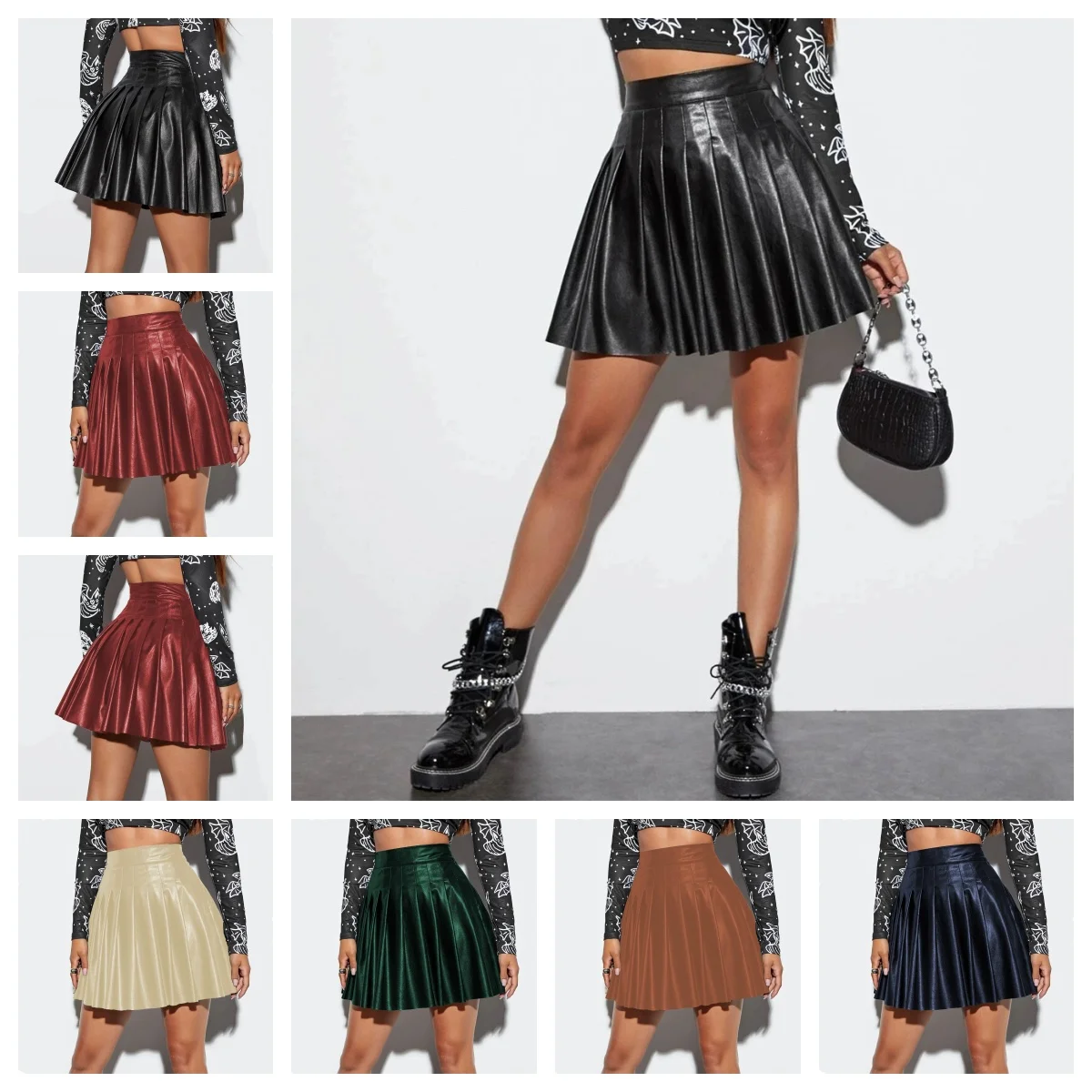 

Black Mini Skirt Shorts Woman Fashion Pleated Skirt Female Ins Style Sexy Short Skirt PU Leather Short Skirt Nightclub Style