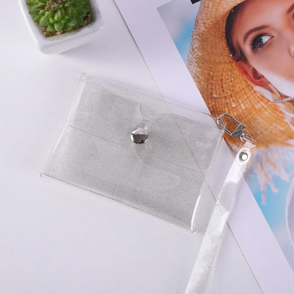 Portable PVC Coin Purse Double-layer Colorful Key Card Holder Transparent with Wrist Strap Lipstick Storage Bag