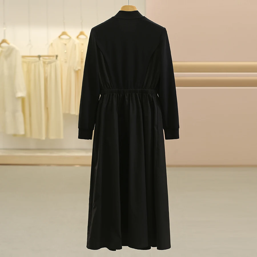 Slimming High Waist Long Sleeve Simple Design Korean Style Black Dress A-Line Skirt Polyester Fiber Stretchy Casual Wear