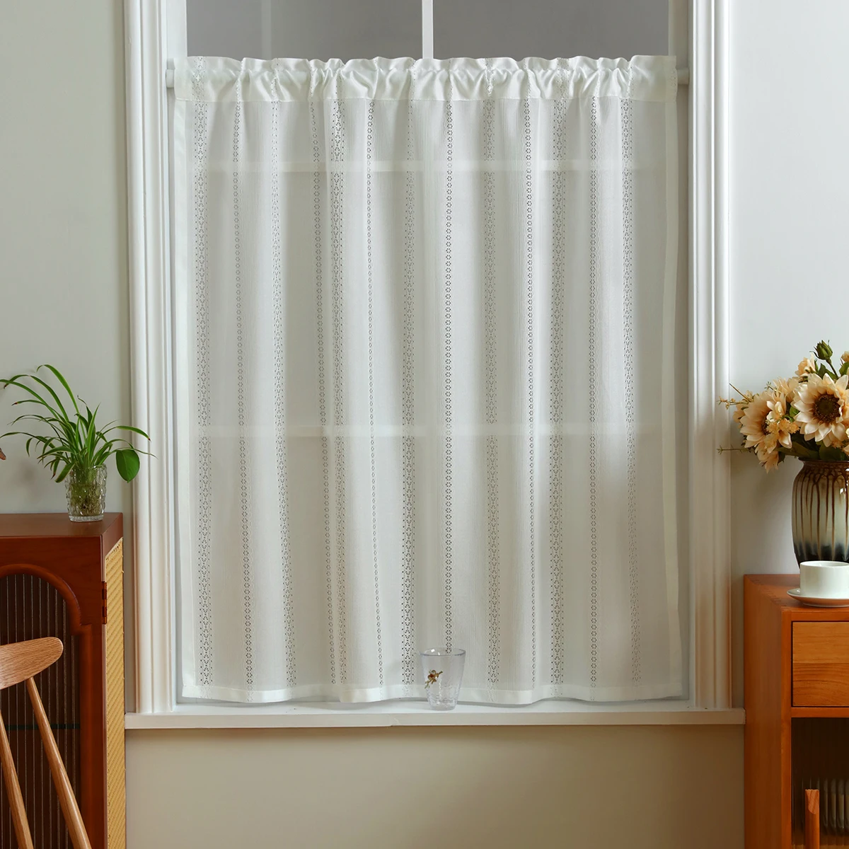 1pc White Hollow Warp Knitted Short Curtain, Rod Pocket, Boho Style, Classic Striped Design Small Curtain, for Window Cabinet