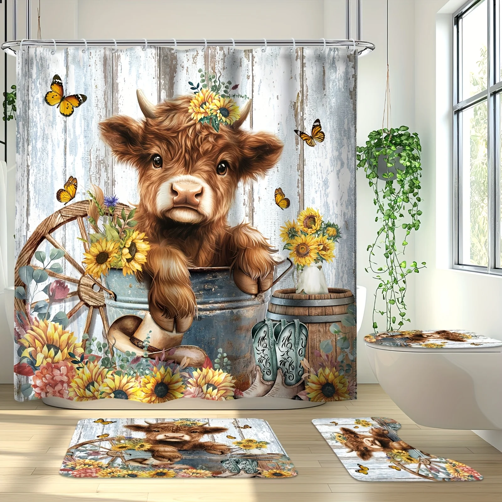 

4Pcs Cute Highland Cow Shower Curtain Set 4pcs Sunflower Rustic Farmhouse Funny Art with 12 Hooks Non Slip Toilet U Shaped Cover