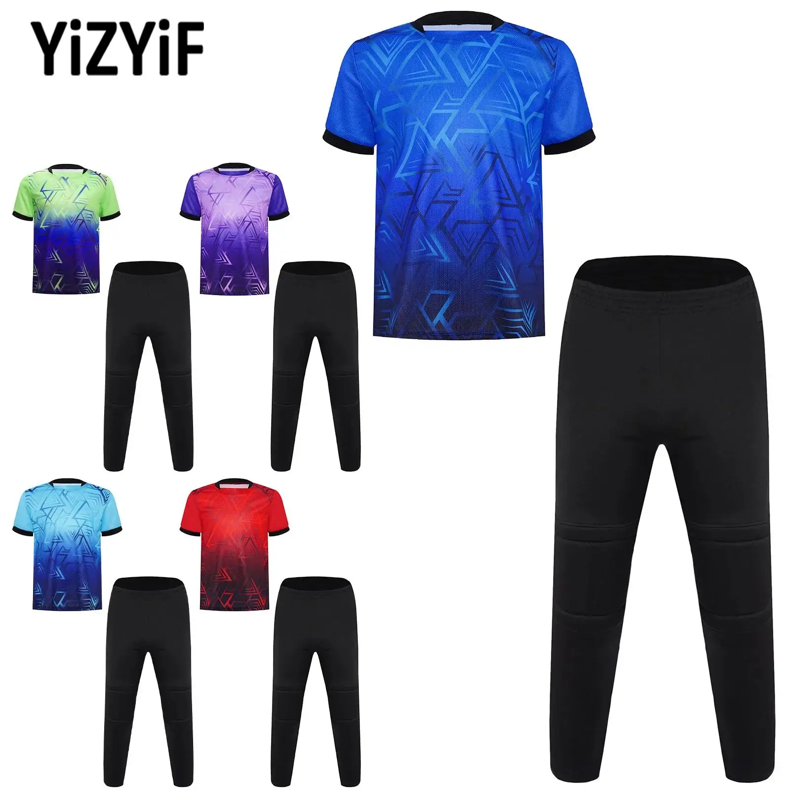 

Kids Boys Girls Quick-drying Sports Outfit Child Football Training Uniform Short Sleeve T-shirt with Goalkeeper Pant for Fitness