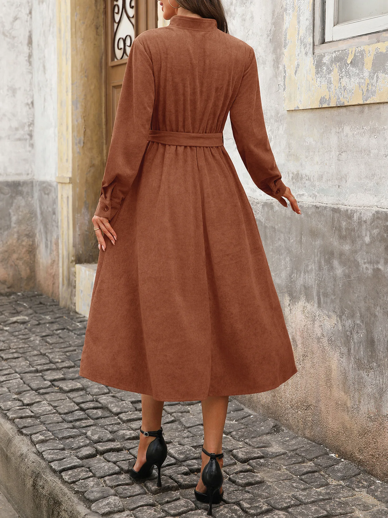 

Fashion Dress 2025 Spring and Summer Latest Hot Selling Unique Brown Corduroy V-Neck Work Commuting Versatile Dress for Women