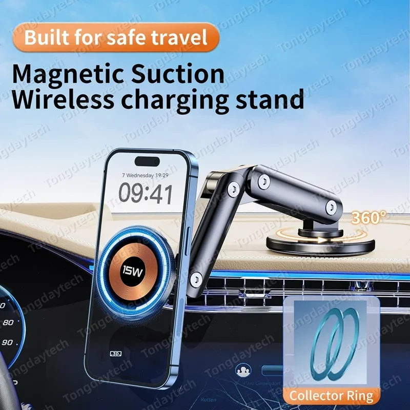 15W Magnetic Metal Car Wireless Charger 360 Rotation Multi Angle Adjustable Foldable Stand For Iphone 15 14 13 Pro Max Samsung