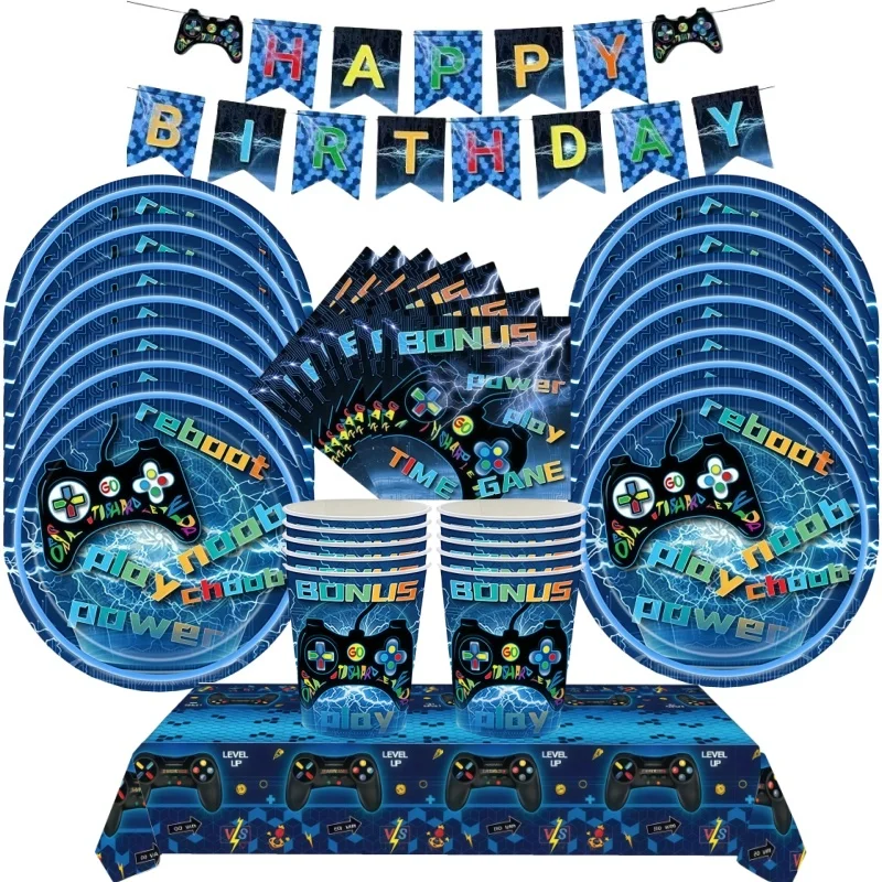 Video Game Birthday Decorations Balloons Gamepad Theme Party Boy Backdrop Plates Cups Gift Bags Cake Stand Stress Relieving Toys